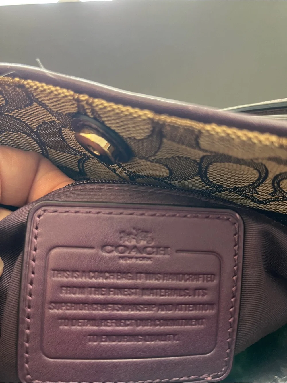 Coach Brown Signature Jacquard Shoulder Bag with Purple Trim. 3 compartments.GUC
